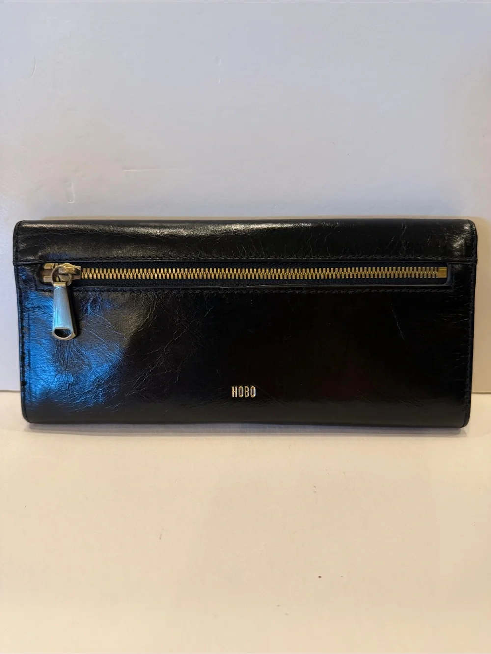 HOBO Black Leather Long Flap Wallet with Logo Accent